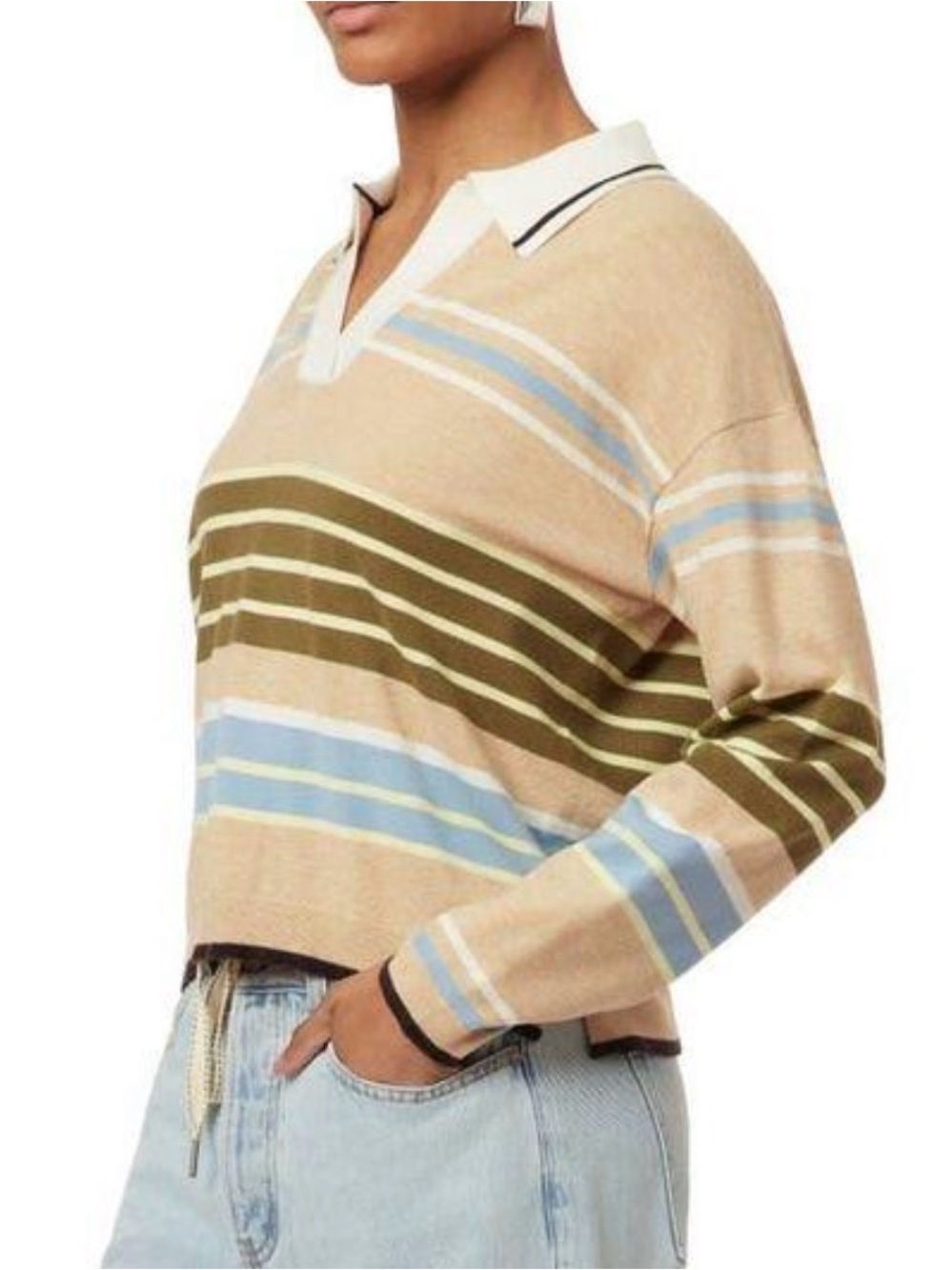 Scotch & Soda Beige Striped Polo with Olive & Light Blue Accents